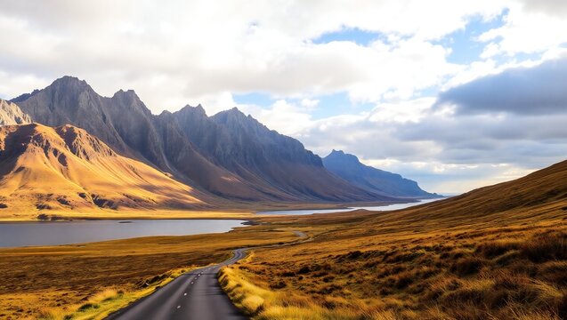 Majestic mountain range landscape with winding road and tranquil lake under a dramatic sky