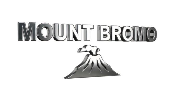 Mount Bromo Metallic Logo with Volcano Icon and Smoke Plume Design.