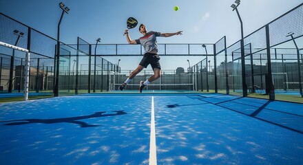 Dynamic padel player executes a powerful smash, leaping high with energetic agility to strike the ball on a vibrant blue court, embodying swift athletic prowess
