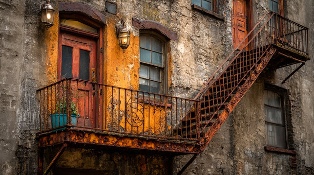 Exterior of old building with rusty fire escape and weathered facade. - Powered by Adobe