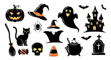 Spooky halloween icons collection with pumpkin cat witch hat and castle