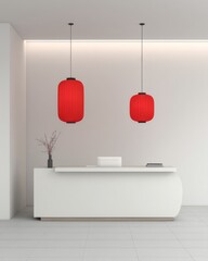 Minimalist office reception decorated with two red lanterns hanging, celebrating Lunar New Year.