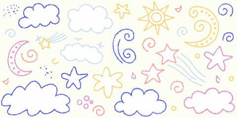 Whimsical hand drawn celestial elements and clouds in pastel colors on a cream background