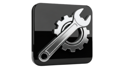 3D Render of Wrench and Gear on Black Square Icon.