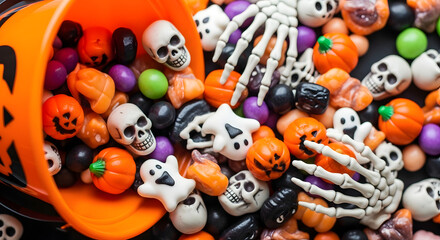 Spooky halloween candy overflowing from a jack o lantern bucket