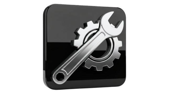 3D Render of Wrench and Gear on Black Square Icon.