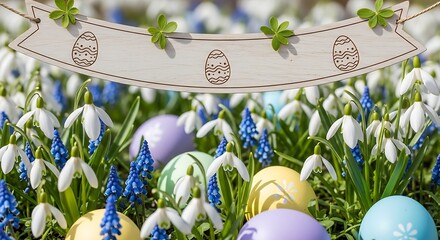 Easter eggs nestled in spring flowers.
