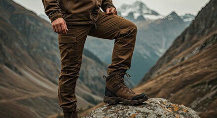 Hiking Gear:  Durable Brown Pants and Boots on Mountaintop