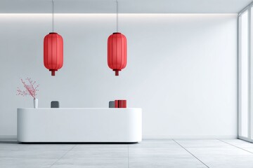 Minimalist office reception decorated with two red lanterns hanging, celebrating Lunar New Year.