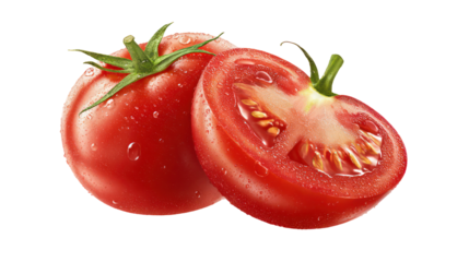 Fresh ripe red tomato and half tomato with water droplets isolated on transparent background