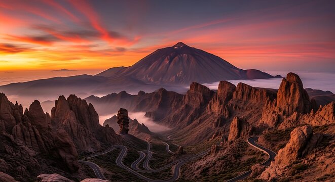 Dramatic Sunset Over Mount Teide Volcano in Tenerife Canary Islands.