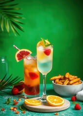 Summer drinks refreshing cocktails on green background drink, umbrella, cocktail, summer 