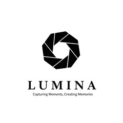 Fototapeta premium Black and white logo design featuring an aperture shape with the word LUMINA and tagline.