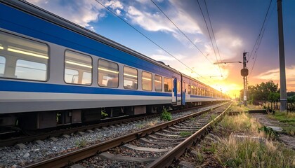Obraz premium A long passenger train moves along the tracks at sunset, reflecting the golden light in its windows.