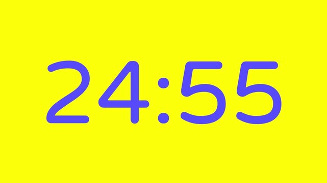 Countdown timer from 25 minute to 24 minute on yellow background with purple number display suitable for technology, urgency, time management concepts, social media posts, blog headers