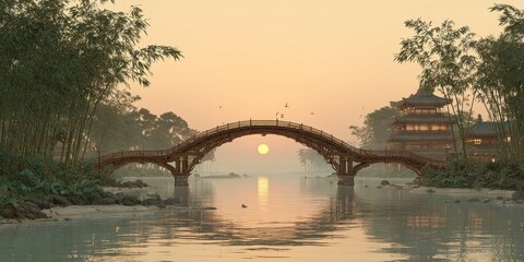 Fototapeta premium A traditional bridge spans calm water at sunset, surrounded by nature, creating a serene and picturesque scene.