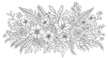 Elegant Floral Arrangement - Detailed Line Art Illustration.