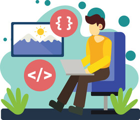 Freelance developer coding at laptop illustration