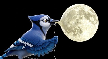 Blue jay animated character soars to celestial heights by holding a luminous moon balloon
