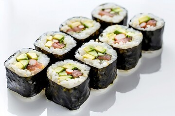 Seamless pattern with sushi. Food abstract background. Sushi on the white background.