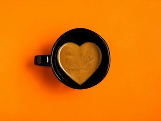 a cup of black coffee with heart-shaped latte art on a bright orange table.