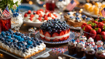 Festive Fourth of July desserts and drinks on a table decorated with patriotic themes
