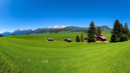 Vibrant green alpine meadow with distant snow-capped mountains and rustic cabins under a clear blue sky