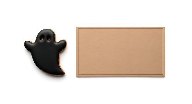 A single spooky cookie shaped like a small ghost rests beside a blank rectangular card which provides enough space for your personal text message during the festive celebration of the autumn