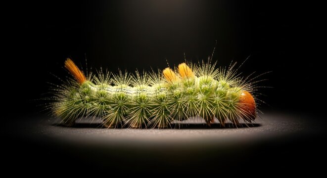 A captivating close-up of a vibrant spiky caterpillar against a stark black backdrop - Powered by Adobe