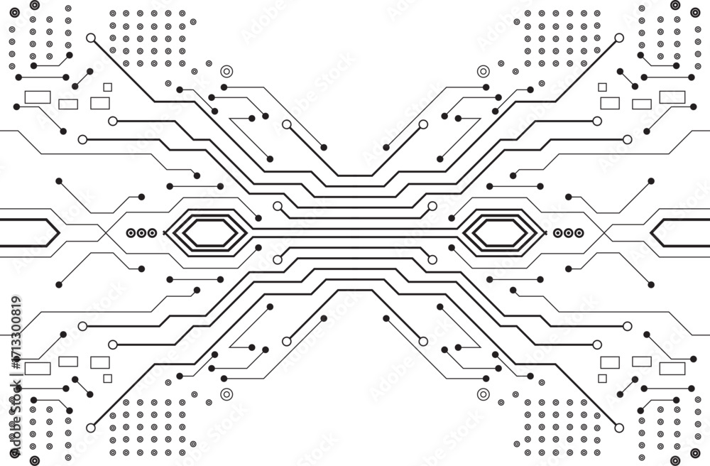 Fototapete an intricate and symmetrical electronic circuit board design with complex pathways and connection po