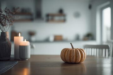 Minimalist kitchen table with a single pumpkin and candles, styled for seasonal celebration.