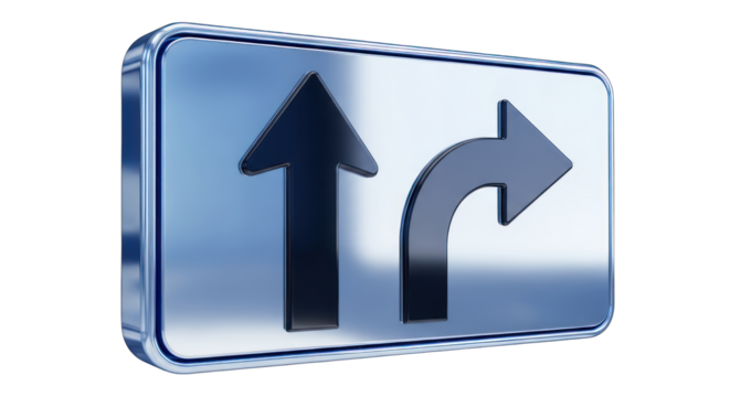 Brushed Metal Sign with Up and Right Turn Arrows.