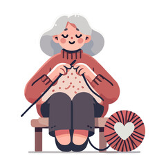 Elderly Woman Knitting a Heart Design with Yarn on Wooden Stool