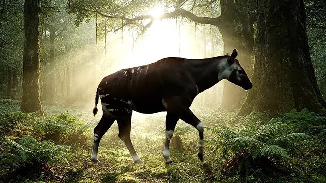 Wide view of okapi moving through misty forest clearing, soft sunlight