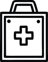 Hand drawn style medical first aid kit bag icon with plus sign symbol for emergency healthcare and safety supplies