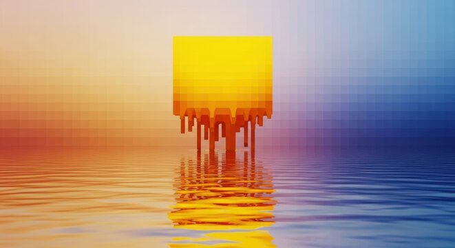 Digital reflection a textured cube with dripping effects hovering above water surface