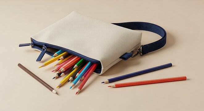 Close-up Beige pencil case, filled with colorful pencils spilling out, laid on flat surface. Supplies, organization, flatlay, minimalism, clean aesthetic.