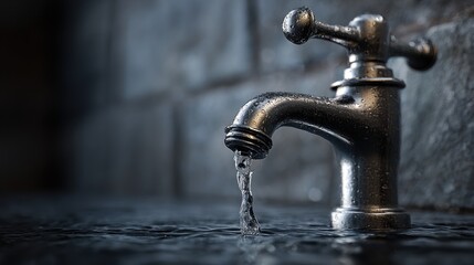 Water flowing from a chrome faucet, symbolizing purity and conservation