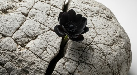 Contrast of life and stone: A solitary black flower emerges from fractured earth resilience