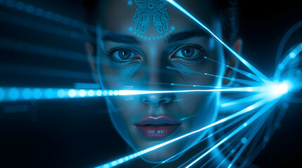 Futuristic portrait of a woman's face with glowing blue data streams and a digital third eye symbol representing AI consciousness