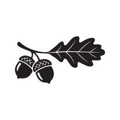 Oak leaf and acorns icon. Gray silhouette of a tree branch with fruit, isolated on a white background. Vector graphic symbol for nature, autumn, and strength.
