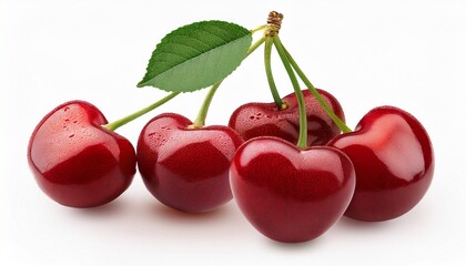 Fresh Cherry With Leaf Isolated On White Background For Product Display