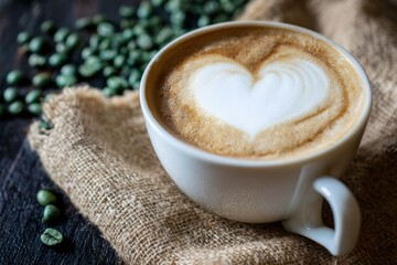 White cup of cappuccino with latte art heart shape and raw coffee beans on rustic wooden table with burlap fabric, representing love for coffee