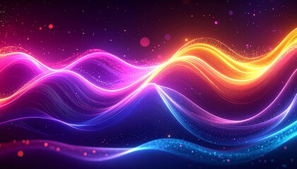 Abstract Colorful Neon Light Waves with Glowing Energy Lines and Particles on Dark Background