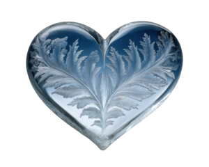 Elegant frozen heart crystal sculpture with delicate frost pattern. This romantic winter symbol of love, an isolated ice element, expressing pure and cold beauty
