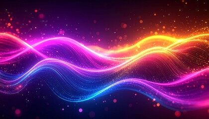 Abstract Colorful Neon Light Waves with Glowing Energy Lines and Particles on Dark Background