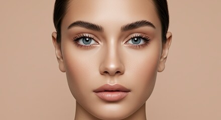 Fototapeta premium Striking Portrait of a Woman with Intense Blue Eyes and Flawless Skin