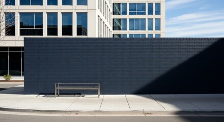 A gray bench sits by a blue brick wall shadowed on the right in front of a white building under a sky with wispy clouds