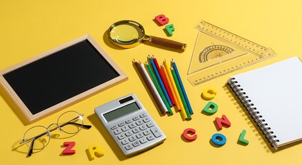 School Supplies Arrangement on Yellow Background