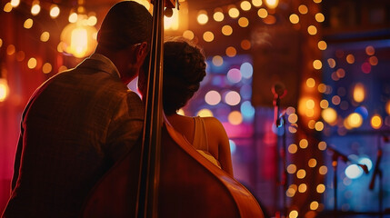 Musicians performing jazz in a dimly lit club with soft lights creating a romantic atmosphere